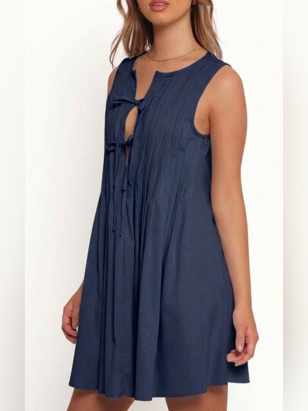 Tie-Front Pintuck Dress - Navy Blue